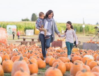 young family at the pumpkin patch picking out pumpkins